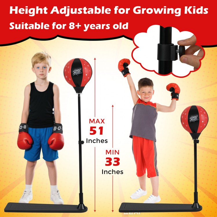 Kids punching bag with adjustable stand, height 33-51 inches, includes gloves, perfect for developing hand-eye.