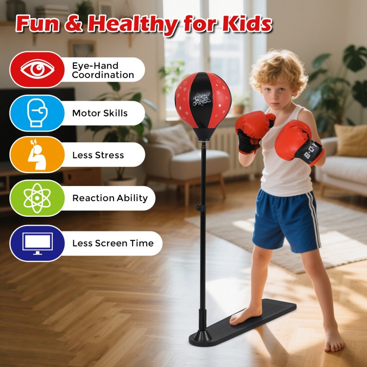 Kids punching bag with adjustable stand and gloves, designed for hand-eye coordination and fun, suitable for various.