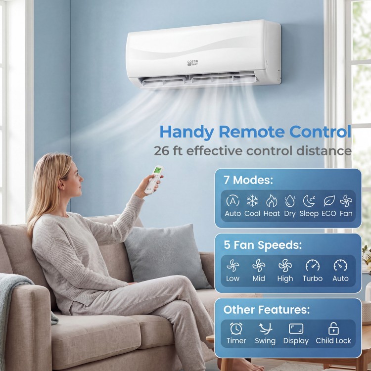 Mini split air conditioner with remote control, featuring 4 in 1 design, 12000 BTU, and quiet 23 dB operation for.