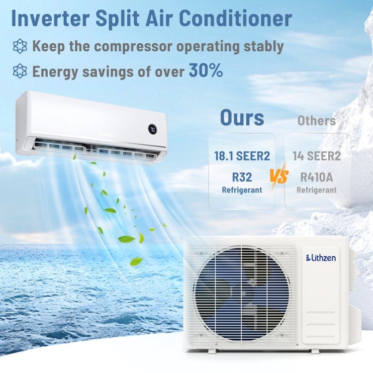 Mini split air conditioner with 18.1 SEER2 efficiency, R32 refrigerant, and WiFi control for rooms up to 600 sq.ft.