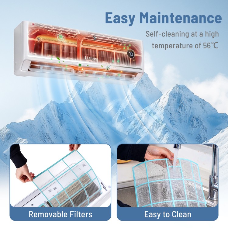 Mini split air conditioner with self-cleaning function and removable filters for easy maintenance and efficient cooling.