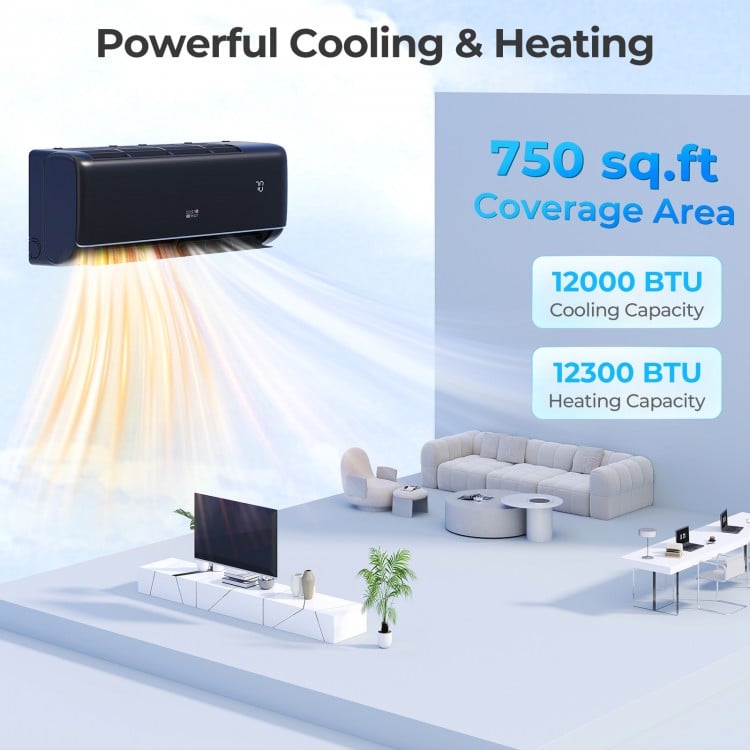 Mini split AC unit with 12000 BTU cooling and heating, WiFi enabled, designed for rooms up to 750 sq.ft.