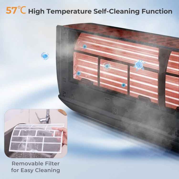 High-temperature self-cleaning function and removable filter for easy maintenance of the 12000 BTU mini split air.