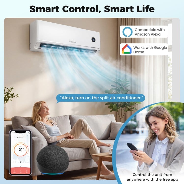 Smart Mini Split AC/Heater with WiFi, Alexa, and Google Assistant for year-round comfort and efficient cooling.