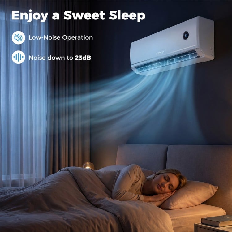 Smart mini split AC/heater with low-noise operation, WiFi control, and 4D airflow for year-round comfort.