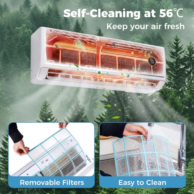 Smart Mini Split AC/Heater with self-cleaning feature at 56℃ and removable filters for easy maintenance and fresh air.
