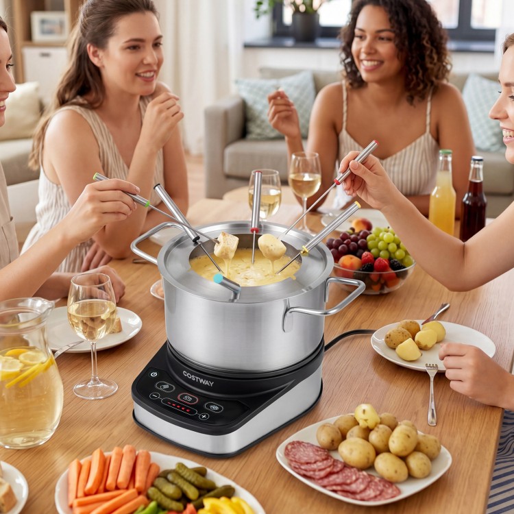 Electric fondue pot set with 3 L removable stainless steel pot and 6 color-coded forks for easy party serving.