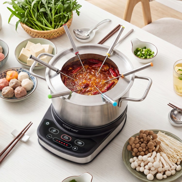 Stainless steel 1200W electric fondue pot with 3L capacity, 6 color-coded forks, and adjustable temperature for gatherings.