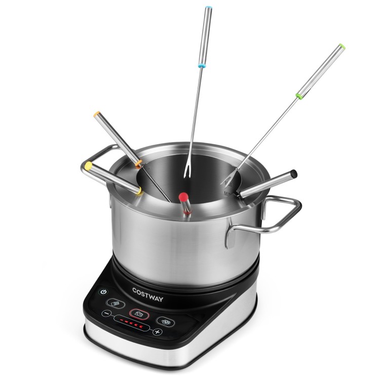 Electric fondue pot set with a 3 L stainless steel pot, 1200W power, and 6 color-coded forks for easy serving.