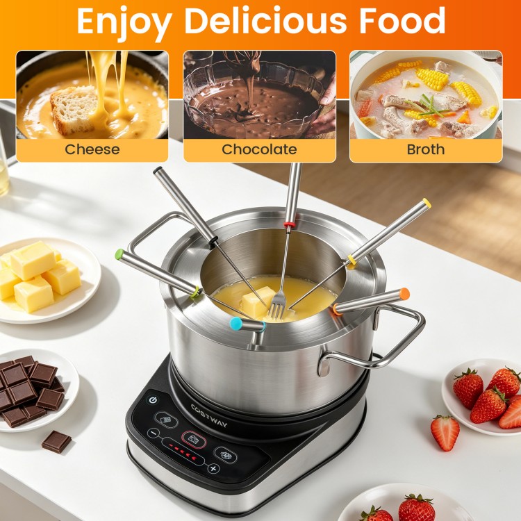 Electric fondue pot set with a 3 L stainless steel pot, 6 color-coded forks, and 1200W power for easy melting and heating.