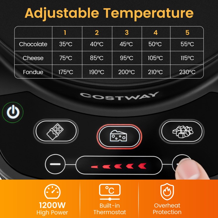 Adjustable temperature settings and user-friendly controls on the 1200W electric fondue pot with a 3 L removable pot.