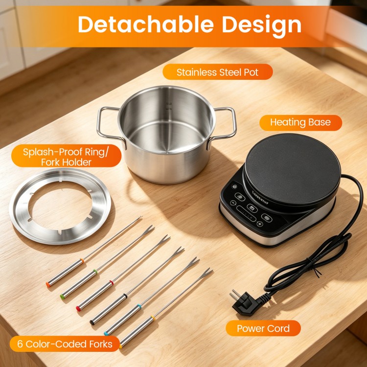 Electric fondue pot set with a 3 L stainless steel pot, 6 color-coded forks, and detachable design for easy use.