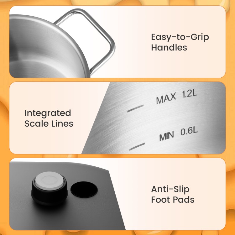 Stainless steel electric fondue pot with easy-to-grip handles, integrated scale lines, and anti-slip foot pads for stability.