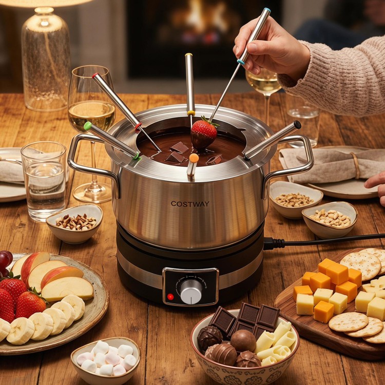 Electric fondue pot with removable stainless steel pot, 2.3 L capacity, and 6 color-coded forks for easy sharing.