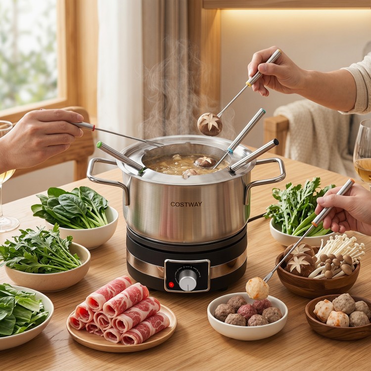 Electric fondue pot set with removable stainless steel pot, 2.3 L capacity, and 6 color-coded forks for easy sharing.