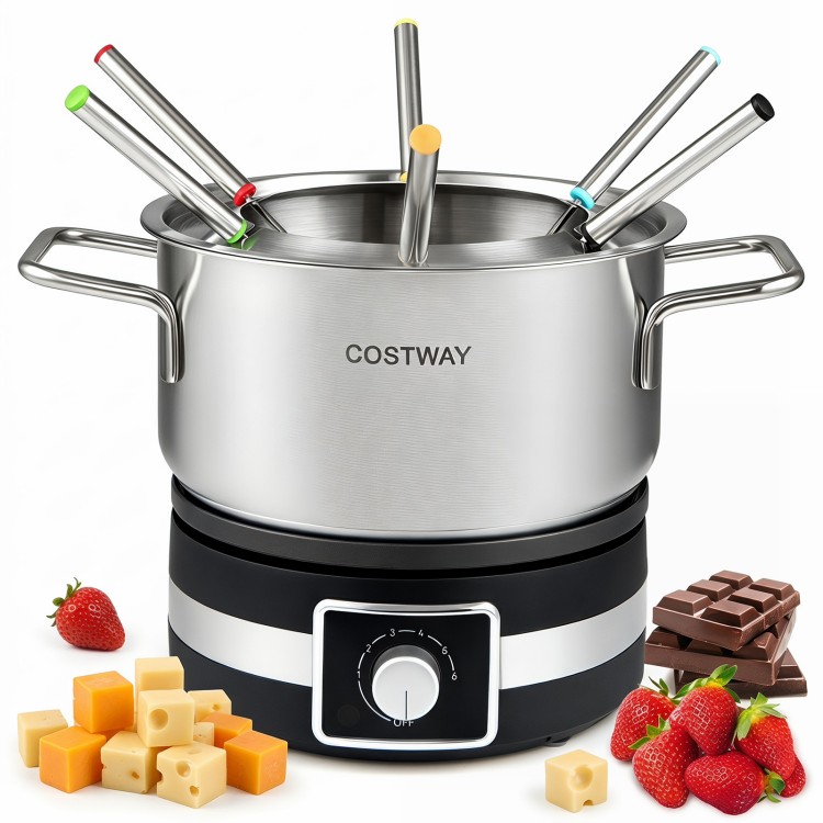 Electric fondue pot set with a removable stainless steel pot, 6 color-coded forks, and 2.3 L capacity for gatherings.