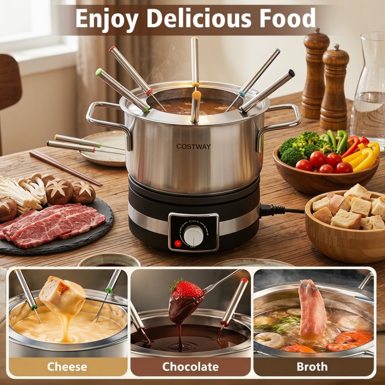 Electric fondue pot set with a stainless steel pot, 6 color-coded forks, and 2.3 L capacity for delicious gatherings.