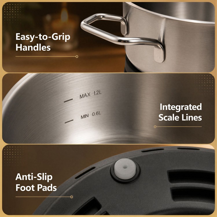 Close-up of the stainless steel pot with integrated scale lines and easy-to-grip handles for the electric fondue set.