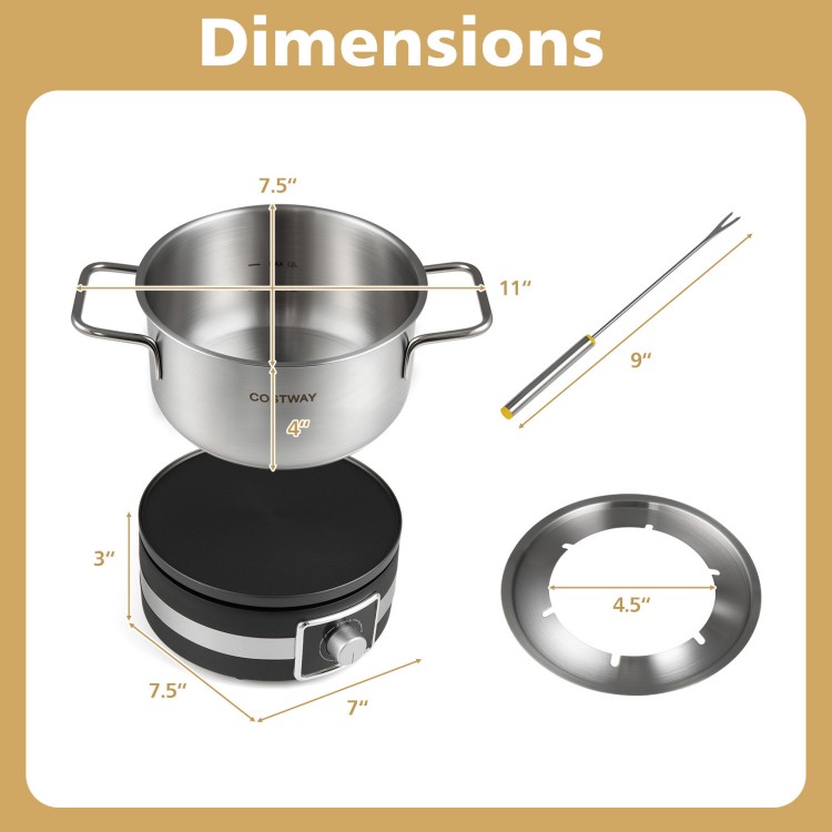 Stainless steel pot with removable base and six color-coded forks, ideal for hosting fondue parties with friends.