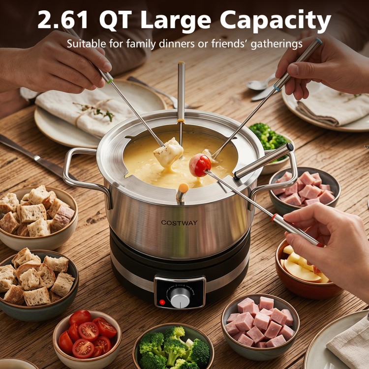 Electric fondue pot set with 2.61 QT capacity, stainless steel pot, and 6 color-coded forks for family gatherings.