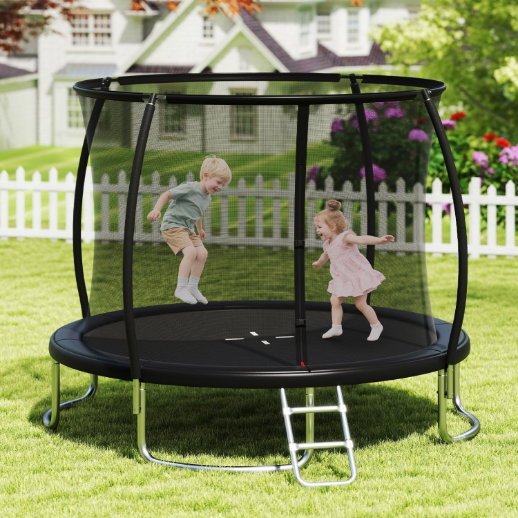 Children jumping on a 12FT outdoor trampoline with safety enclosure net, designed for fun and physical exercise.