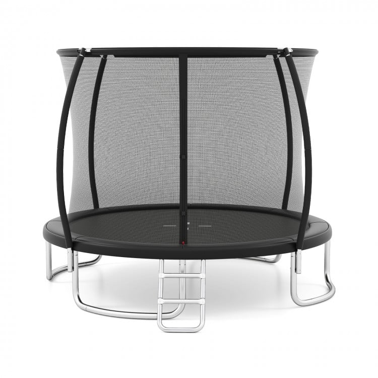 12FT outdoor trampoline with safety enclosure net, black frame, and sturdy ladder for safe recreational fun.