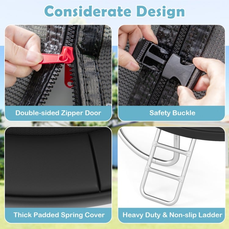 Detail of the 12FT outdoor trampoline's safety buckle and double-sided zipper door for secure enclosure and easy access.