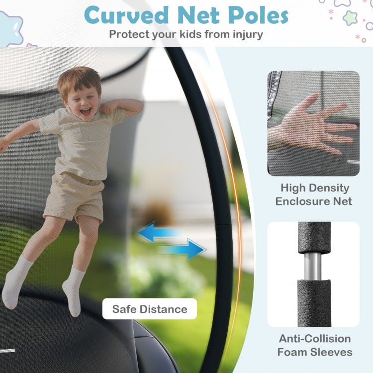 Curved net poles of the 12FT outdoor trampoline with safety enclosure net, promoting safe bouncing for kids.