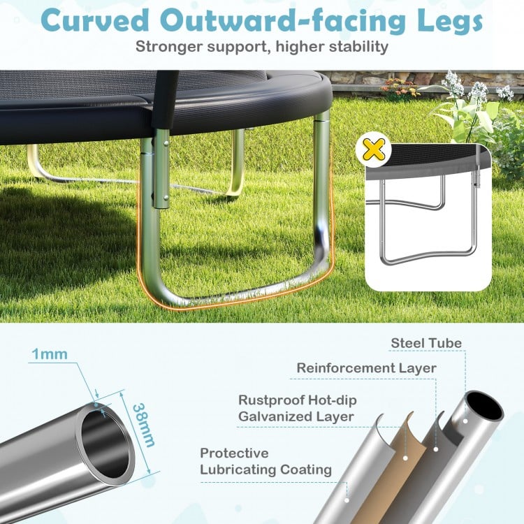 Curved leg design of the 12FT outdoor trampoline ensures stability and safety, featuring galvanized steel and.