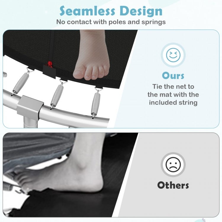 Close-up of trampoline foot design showing seamless net attachment for safety, featuring heavy-duty black construction.