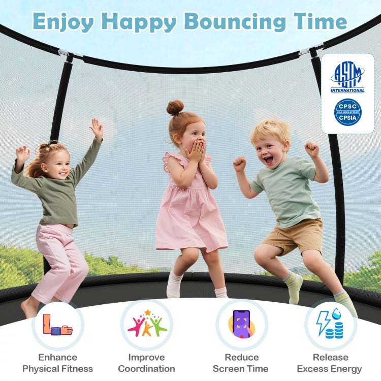 12FT outdoor trampoline with safety enclosure net, featuring curved poles and anti-slip ladder for safe bouncing fun.
