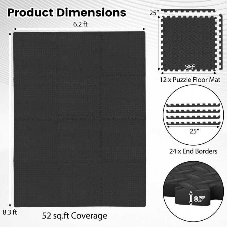 Black 12-tile puzzle exercise floor mat with 52 sq. ft. coverage, ideal for home workouts and easy cleaning.