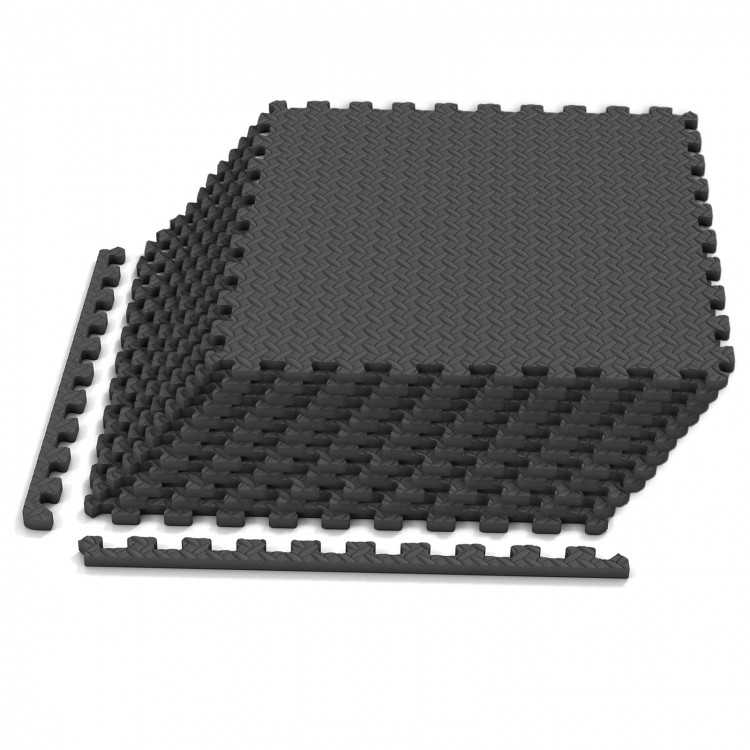 Black 12-piece puzzle exercise floor mats made of EVA foam, ideal for home workouts and easy to clean.