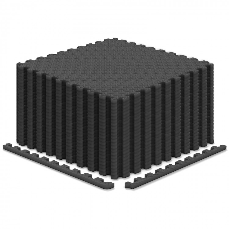Black 12Tiles 1/2" puzzle exercise floor mats stacked, featuring interlocking design for easy storage and versatile use.