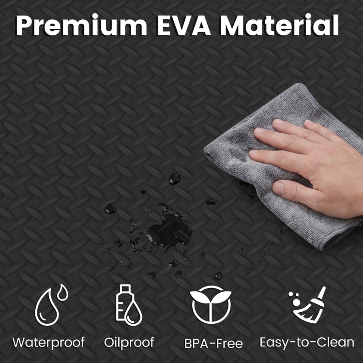 Black EVA foam exercise mat showing waterproof surface being cleaned, ideal for home workouts and floor protection.