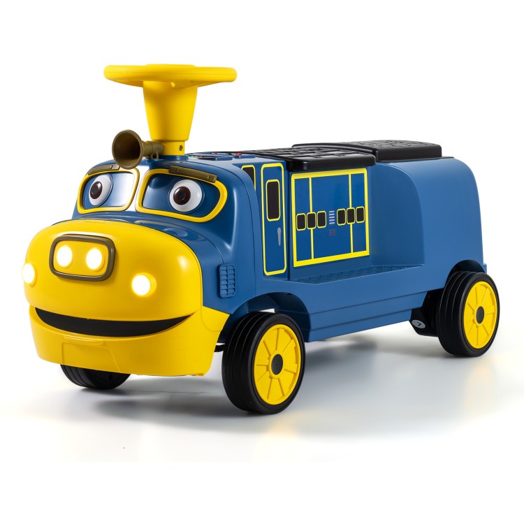 Bright blue 12V kids ride-on train with adjustable seat, music features, and storage compartment for toys and snacks.