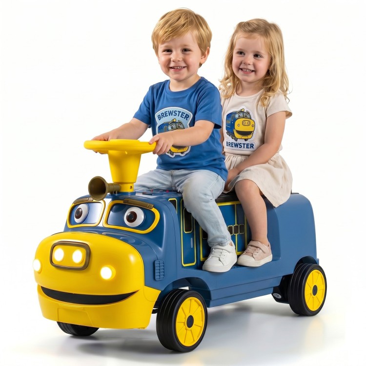 Two children enjoy riding on a blue 12V Chuggington train with adjustable seat and music features for outdoor fun.