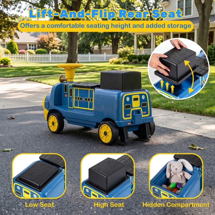 Kids ride-on train in blue with adjustable seat, hidden storage, and bright headlight for outdoor fun.