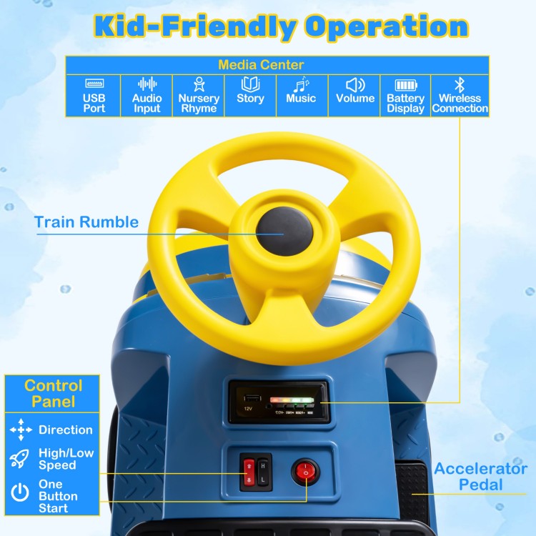 Close-up of the kid-friendly control panel on the 12V Chuggington ride-on train, featuring a steering wheel and media.