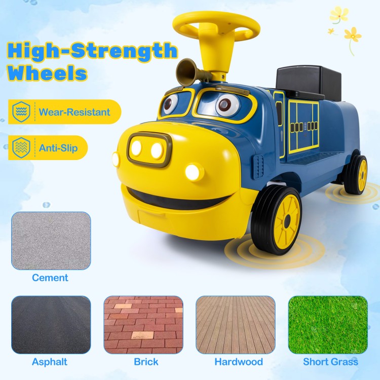 Kids ride-on train in blue with high-strength, wear-resistant wheels for stable driving on various surfaces.