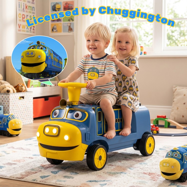 Two kids riding the 12V Chuggington-themed train with adjustable seat and music features, perfect for ages 3-6.