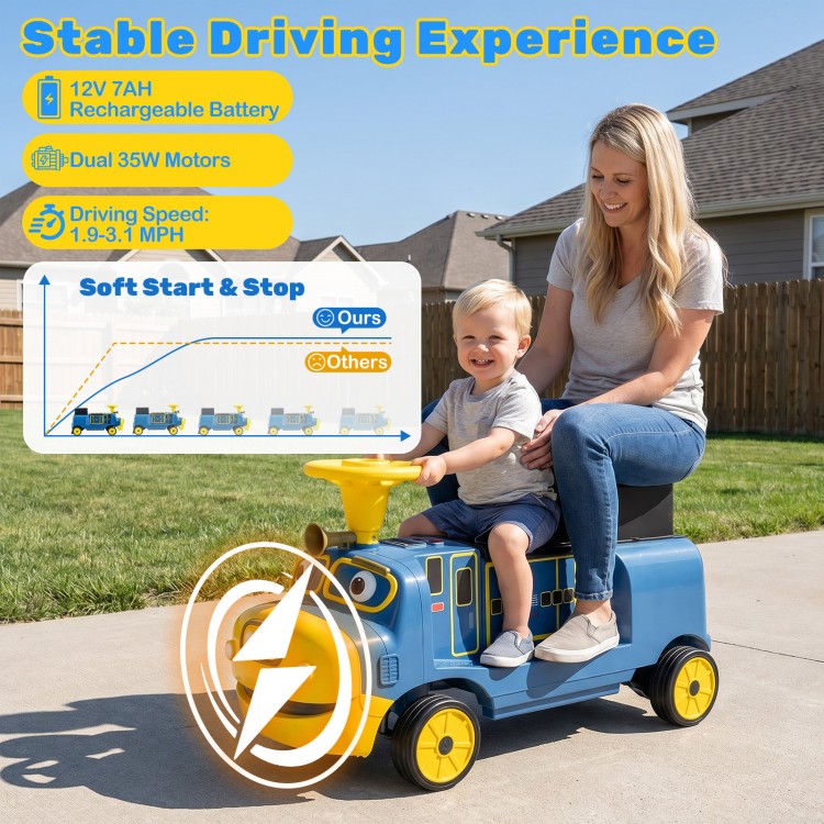 Kids 12V 2-seater ride-on train in blue with adjustable seat, music features, and soft start for safe driving fun.