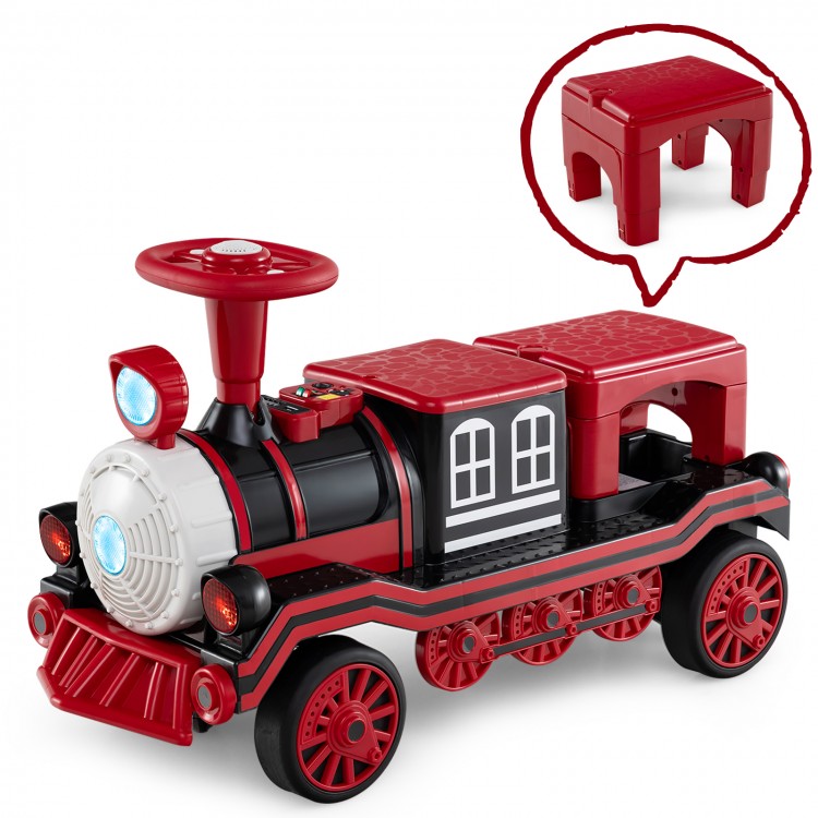 Red 12V ride-on toy train for 2 kids, featuring a removable chair, steering wheel, and fun sound effects.