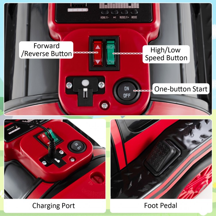 Close-up of the control panel on a red 12V 2-seater ride-on toy, featuring buttons for speed and direction.