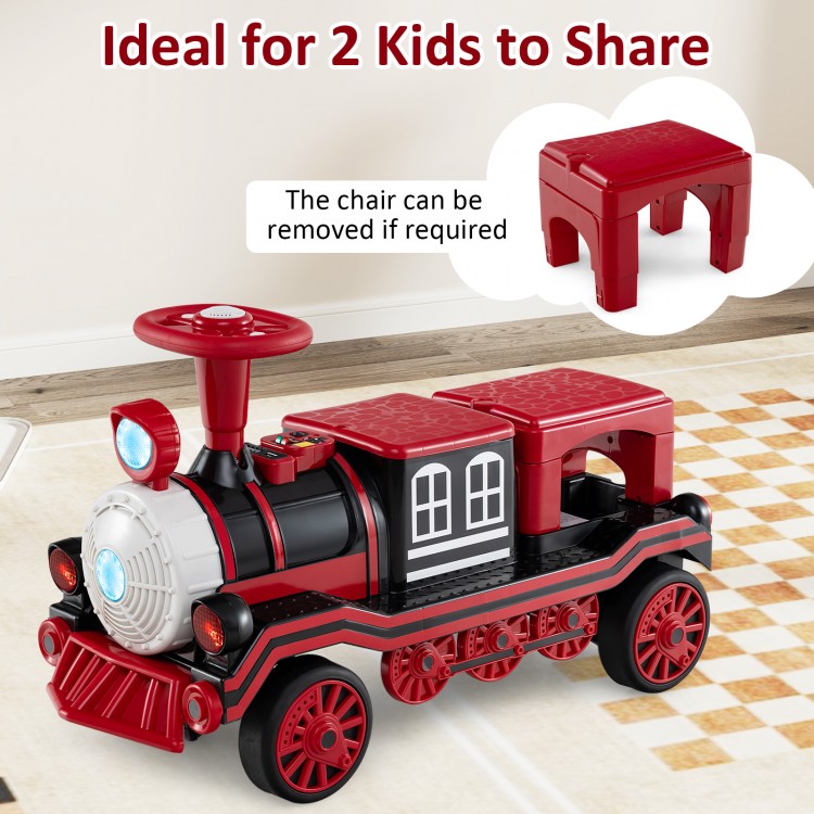 Red 12V 2-seater ride-on toy train with removable chair, ideal for kids aged 3-8, featuring sound and light buttons.