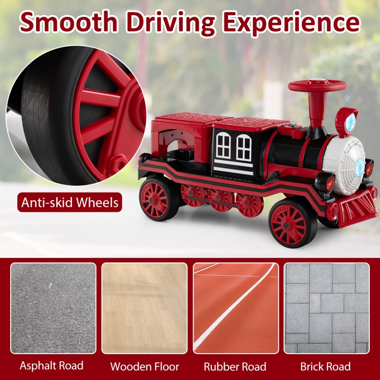 Red 12V 2-seater ride-on toy train with anti-skid wheels, ideal for kids aged 3-8, featuring a removable chair.