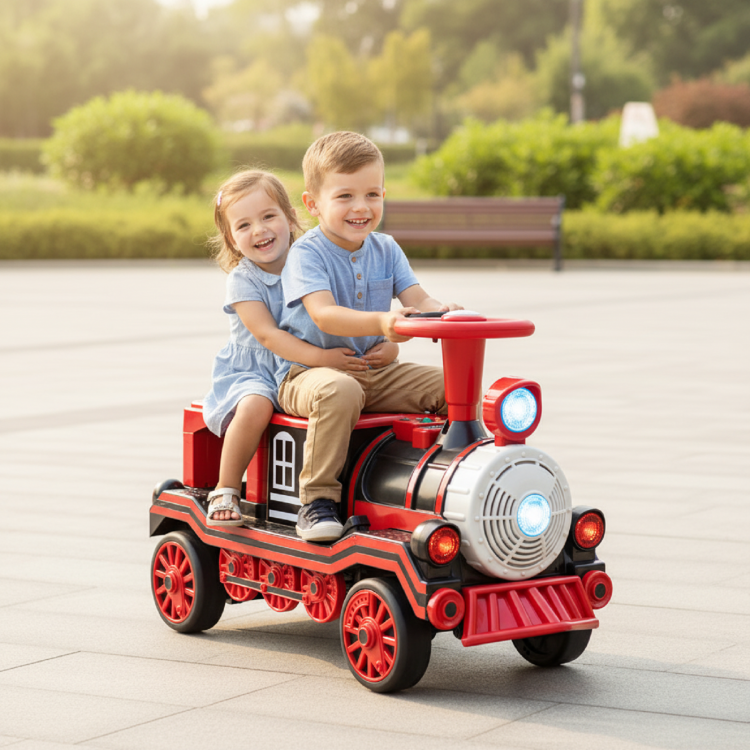 Two children enjoy riding the red 12V 2-seater toy train with lights and sounds in a park setting.