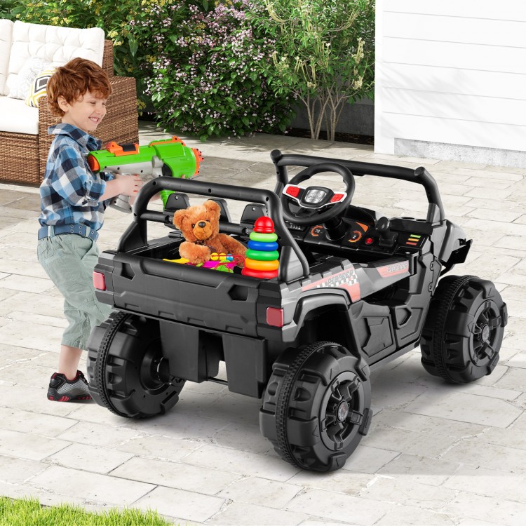 Battery-powered electric vehicle in black for kids, featuring remote control, storage compartment, and adjustable seat.