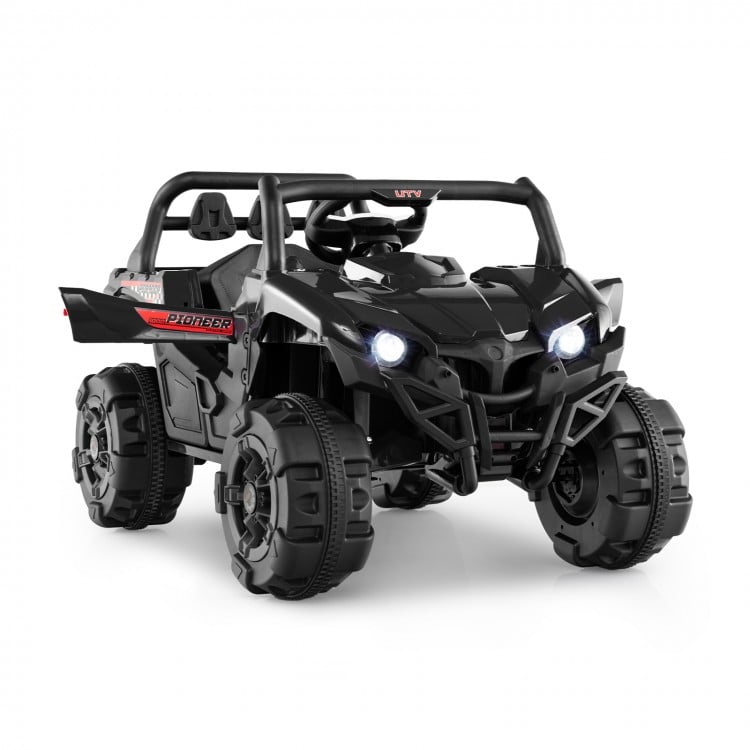 Battery-powered electric vehicle for kids in black, featuring remote control, LED headlights, and adjustable safety.