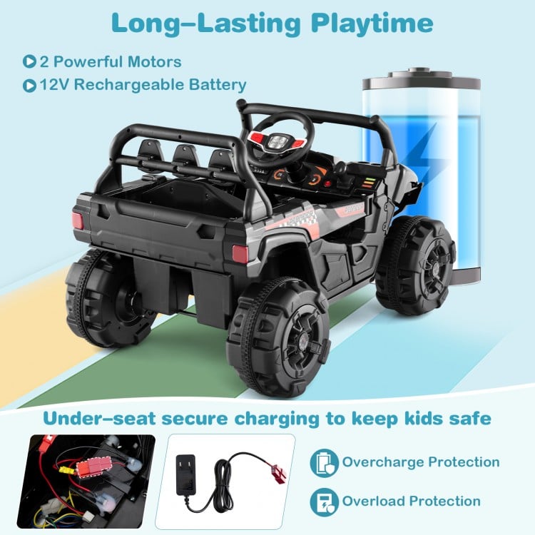 12V battery powered electric vehicle in black with remote control, featuring 2 motors and secure under-seat charging.